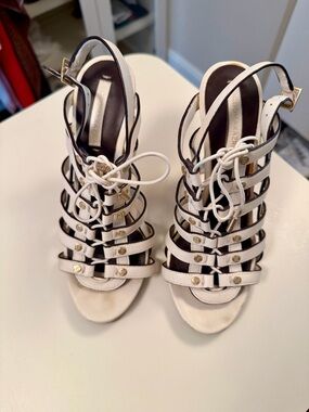 BCBG Max Azria White Strappy Gladiator Heels | Gold Stud Detail Lace up Size 38